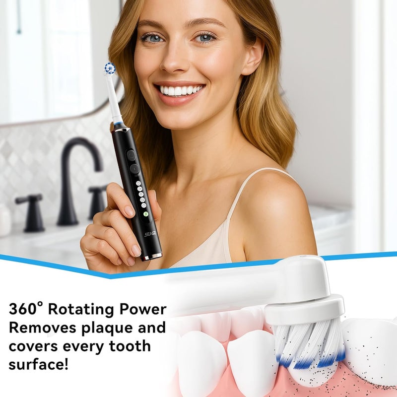 Seago Soft Round Electric Toothbrushes with 8 Spin Brush Heads, 5 Cleaning Modes, Rechargeable Sonic Toothbrush with Timer and Travel Case for Adults and Kids(SG-2607-Black - Image 2